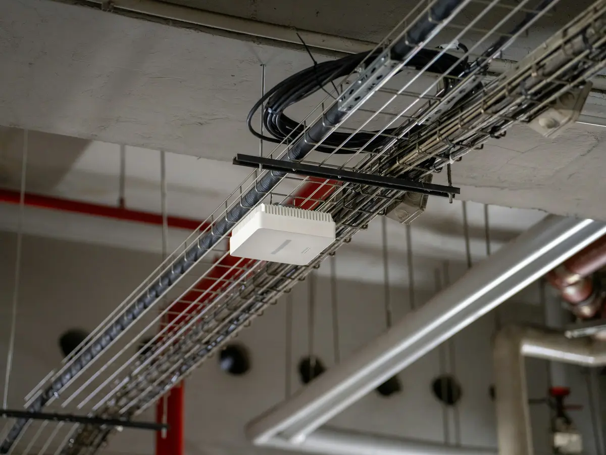 Wit accesspoint onder een kabelgoot aan een betonnen plafond